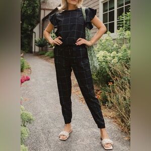 Albion Fit Nine To Nine XL Ruffle Sleeve Jumpsuit in Windowpane Checkered Plaid